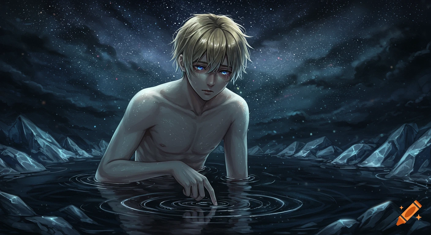 A sad blond anime boy sits shirtless in dark, starry water, poking his finger to create ripples, surrounded by dark ice formations.