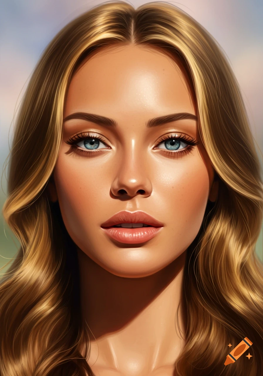 Close-up photorealistic portrait of a woman with long wavy blonde hair, blue eyes, and tan skin looking forward.