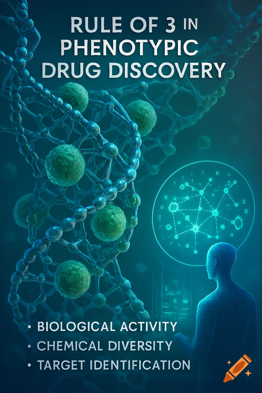 A DNA helix, green cells, and a person silhouette observing a holographic interface related to phenotypic drug discovery.