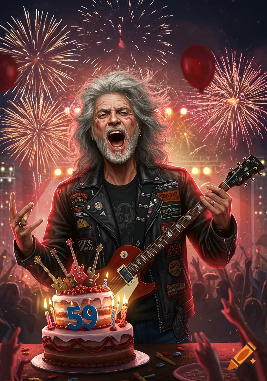 A long-haired metalhead screams excitedly, holding a red electric guitar with a birthday cake displaying "59" and fireworks in the background.