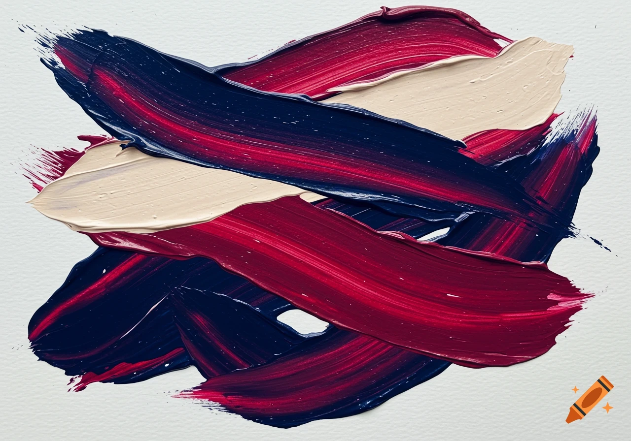 Thick, bold strokes of dark blue, deep red, and beige paint layered on a white textured background, creating an abstract piece.