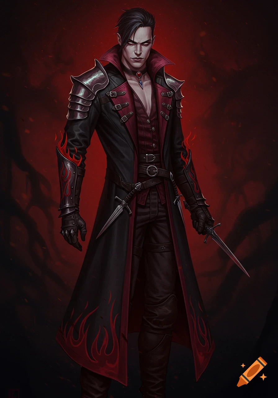 A dark fantasy male character with pale skin and red eyes, wearing a black and red long coat with armor and holding daggers, against a red background.