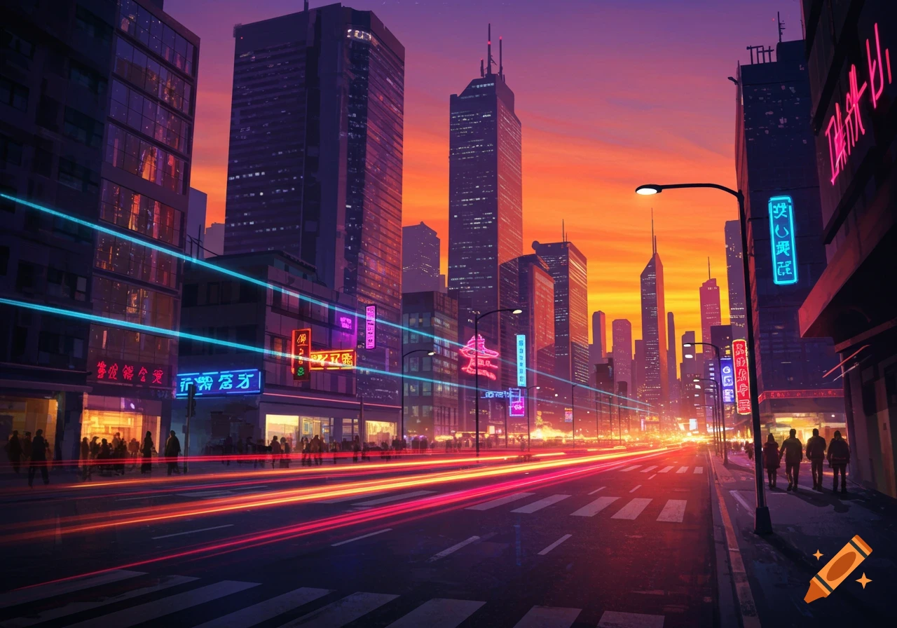 A vibrant futuristic city street at dusk, with tall dark buildings, bright neon signs in East Asian style, and red light trails from moving traffic.