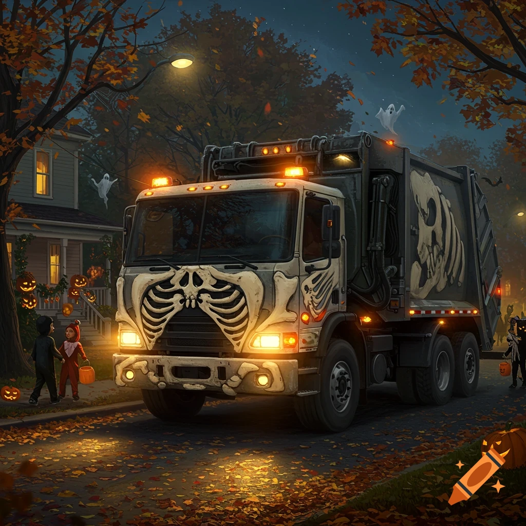 A skeleton-decorated garbage truck on a spooky street at night with children trick-or-treating and ghosts.