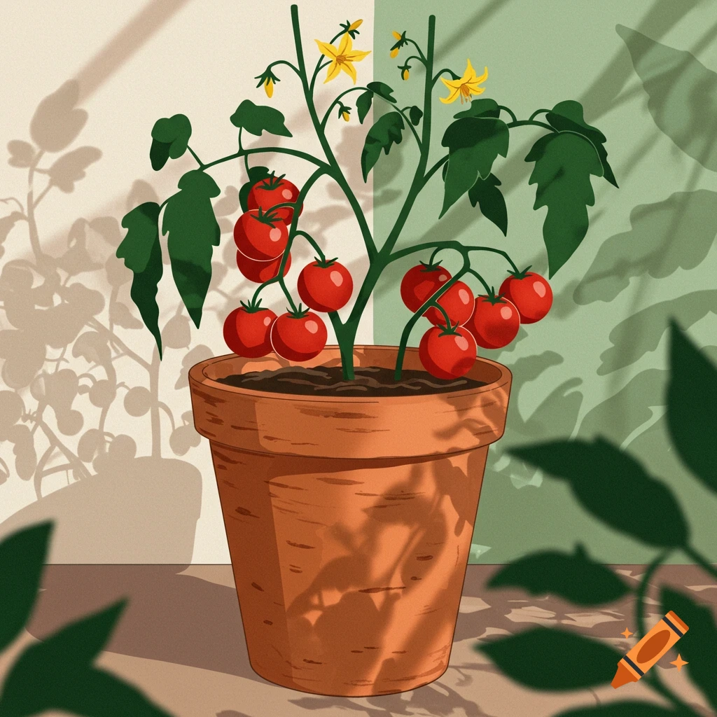 Stylized illustration of a tomato plant in a clay pot with ripe red tomatoes and yellow flowers.