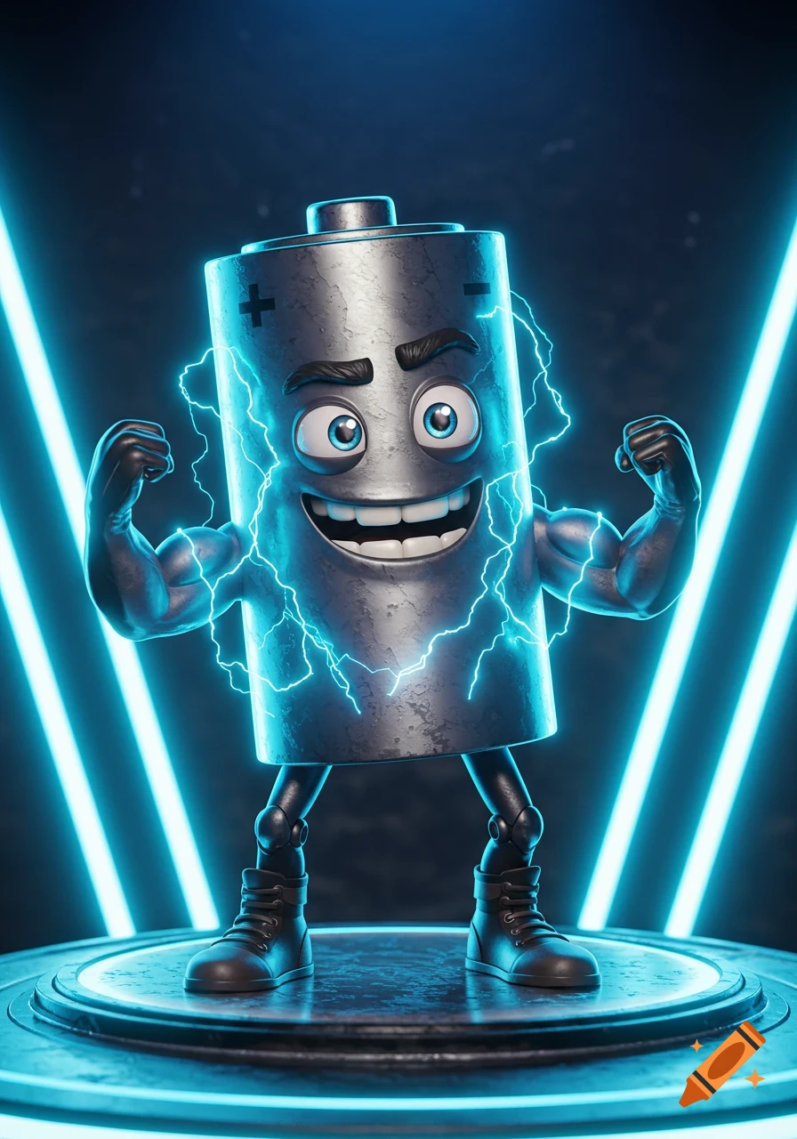 A muscular, smiling battery character with glowing blue eyes and electric aura flexes its biceps on a glowing platform.