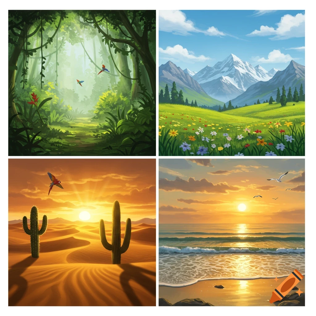 A 2x2 grid of vibrant illustrated nature scenes: a lush jungle path, a mountain meadow with wildflowers, a desert sunset with saguaro cacti, and a serene beach sunset with waves.