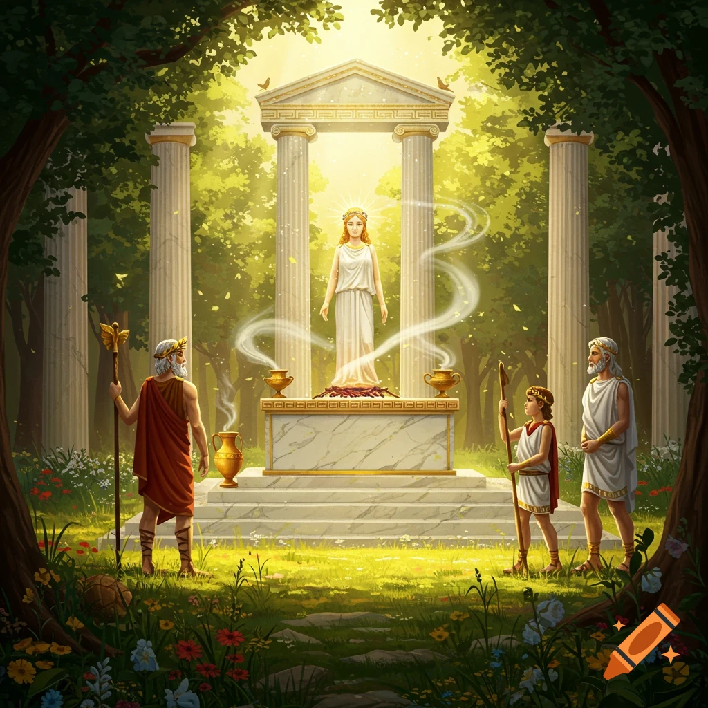 Vibrant illustration of a goddess statue on an altar in a sunlit forest clearing, with ancient Greek figures worshipping.