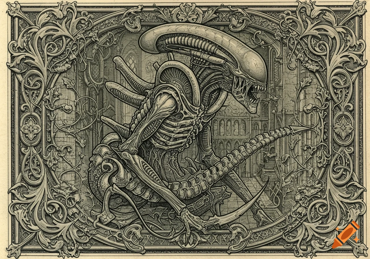 Detailed medieval engraving of a Xenomorph creature in a gothic cathedral, surrounded by ornate borders.