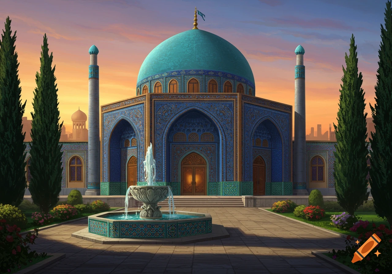 Vibrant illustration of a blue-domed mosque-like building with minarets, a fountain, cypress trees, and a sunset sky.