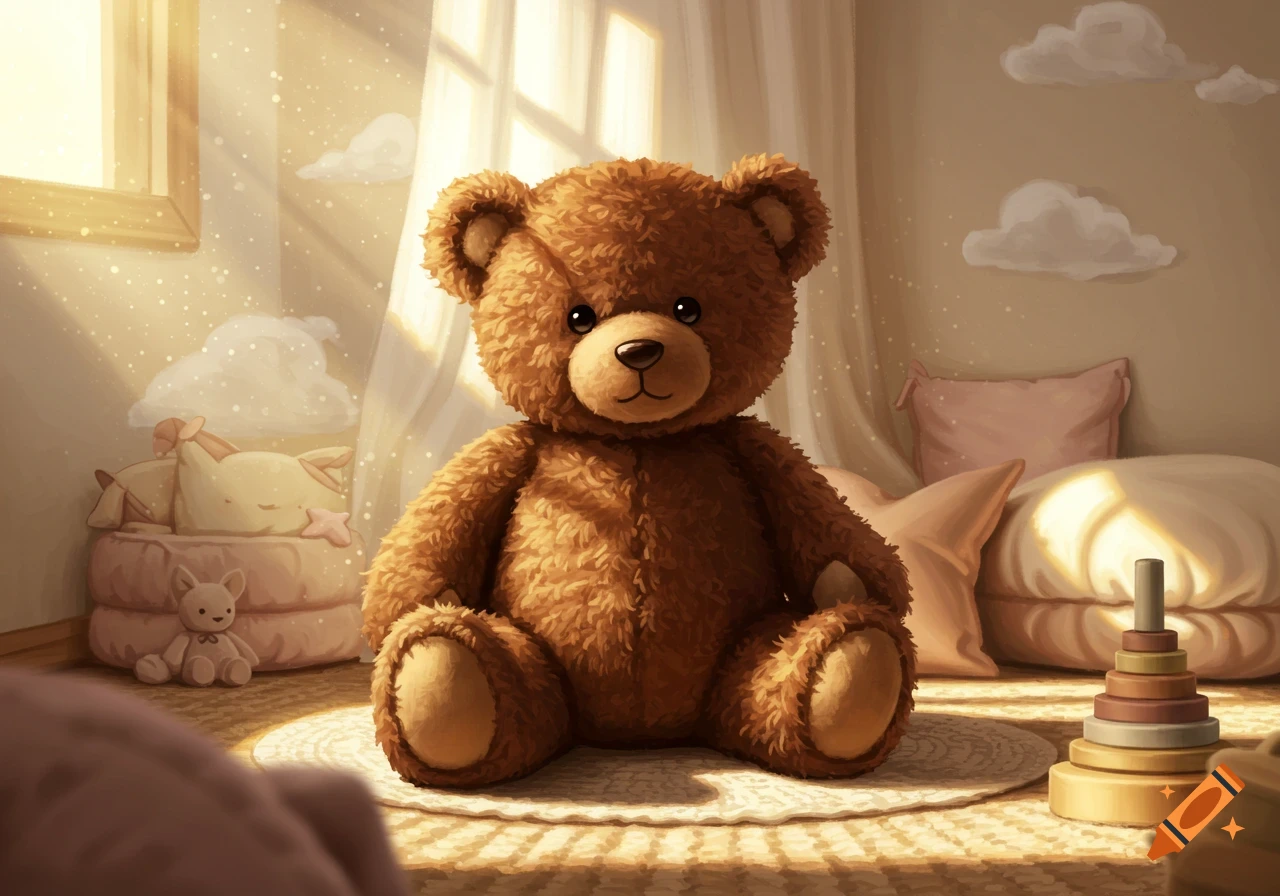 A fluffy brown teddy bear sits on a round rug in a warm, sunlit child's room with other toys and pillows.