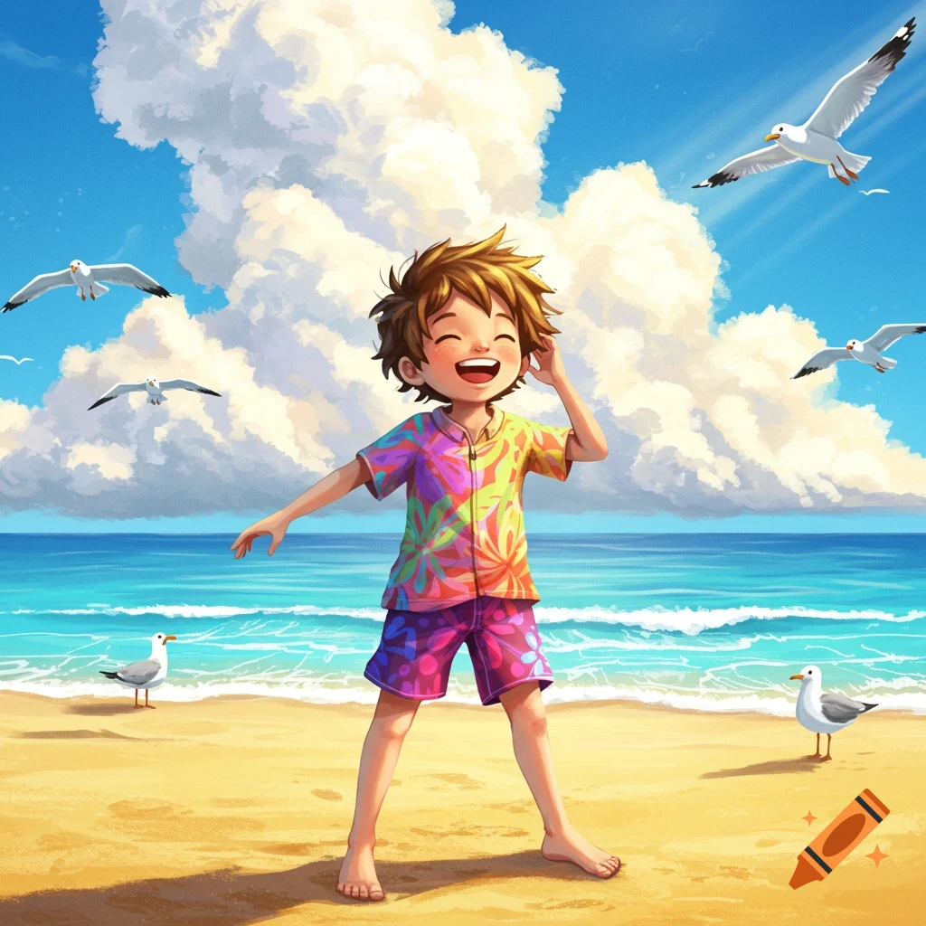 A happy young boy in a colorful shirt and patterned shorts stands on a sunny beach, smiling broadly with seagulls flying and on the sand, vibrant illustration.