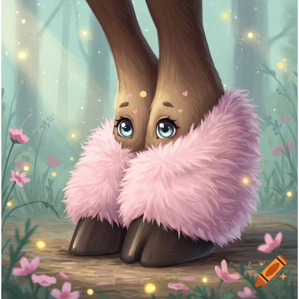 Whimsical illustration of two brown moose feet with big blue eyes and pink fluffy cuffs, standing in a magical forest with pink flowers and sparkling lights.
