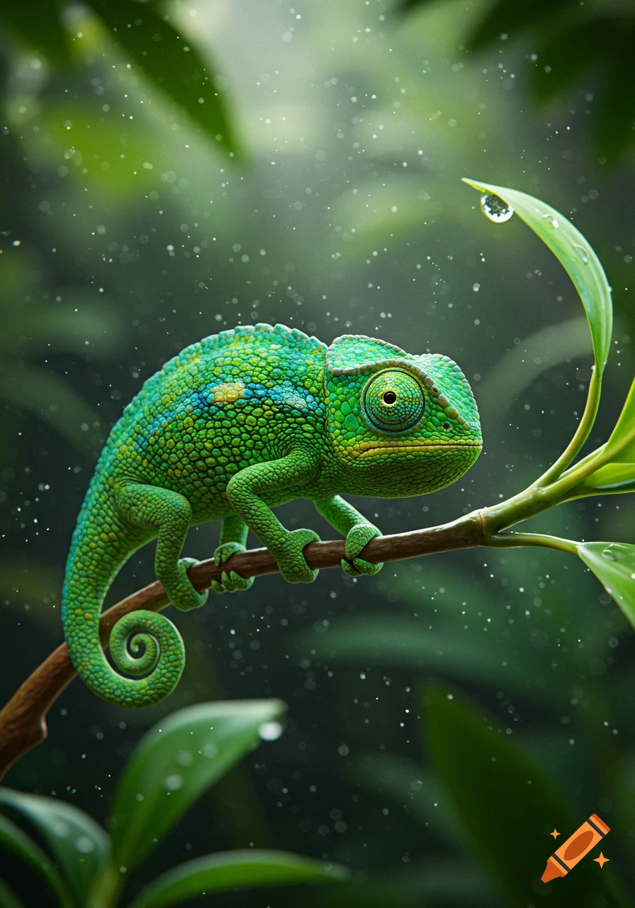 A vibrant green chameleon with textured scales perches on a branch in a lush, dewy jungle. A water droplet clings to a leaf.