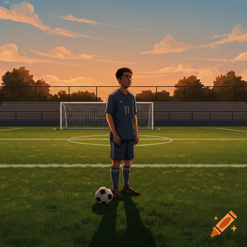 A young male soccer player in a blue jersey with '11' stands on a grassy field with a soccer ball at sunset, in an illustrative style.