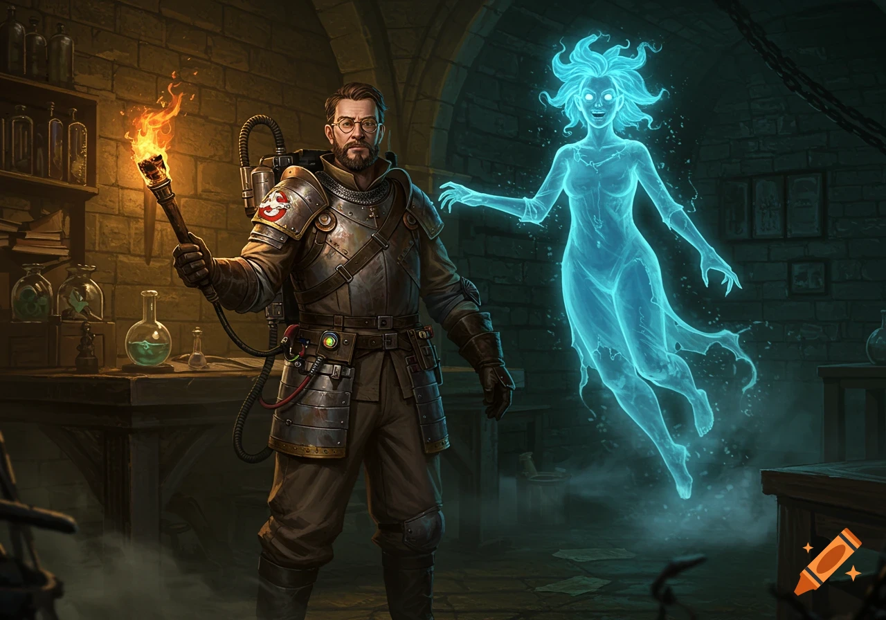 A medieval ghostbuster with glasses holds a torch, facing a glowing blue female ghost in a dark dungeon laboratory. Illustration.