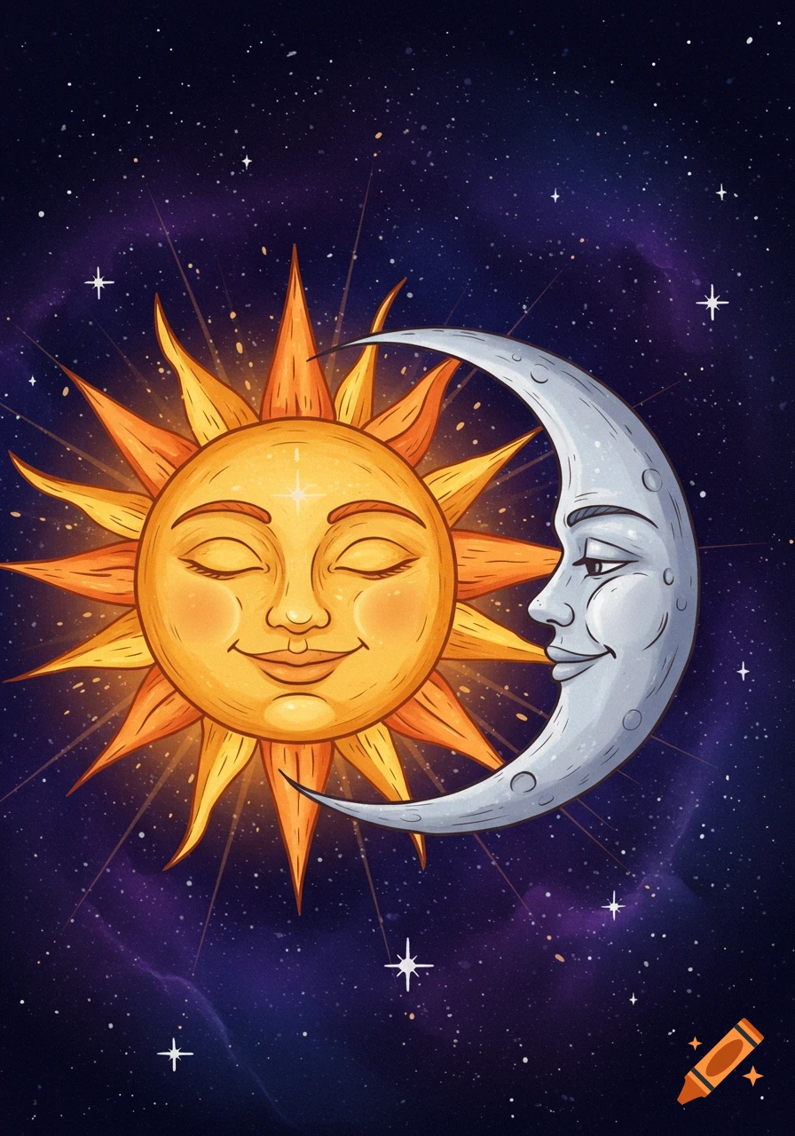 Stylized illustration of a smiling sun and moon with faces, gazing at each other in a starry night sky.