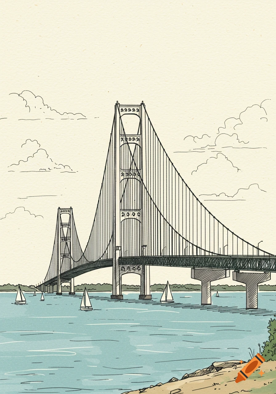 Line drawing of a large suspension bridge over a body of water with sailboats, and a sandy shore in the foreground.