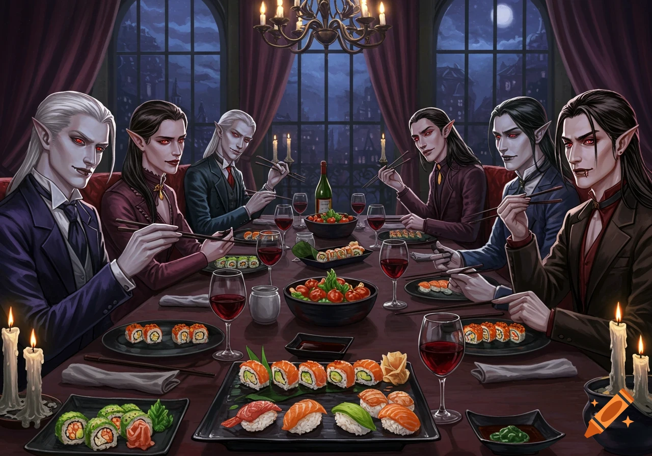 Vampires with pale skin and red eyes formally dine on sushi and red wine in a gothic room overlooking a moonlit city.