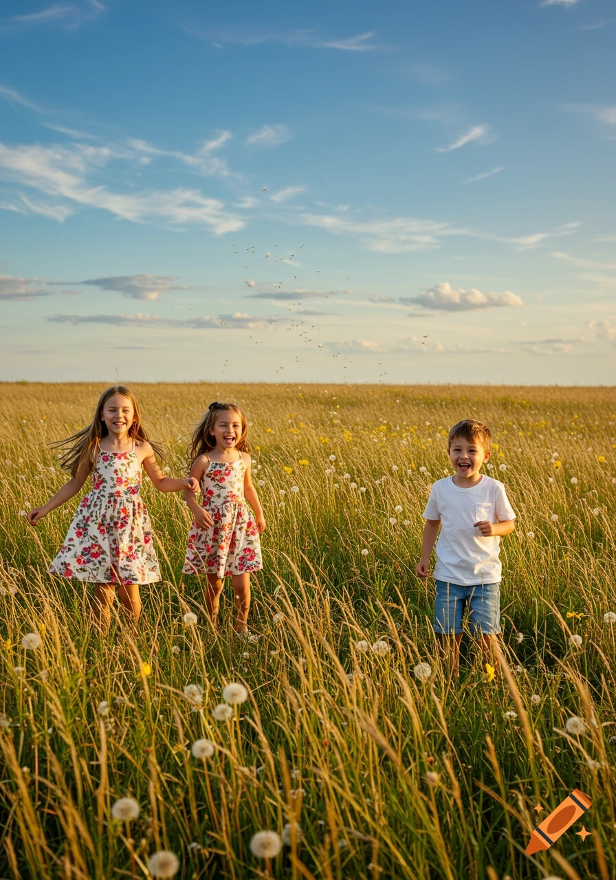 Two laughing girls and a boy playing in a sunny field with tall grass and dandelions.