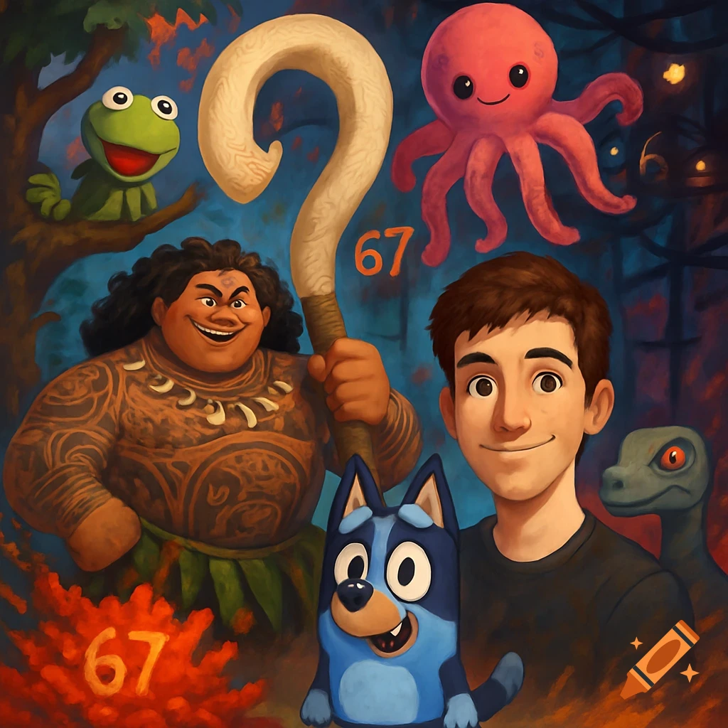 A cartoon collage featuring Maui, Kermit the Frog, a red octopus, a boy, Bluey, and a raptor in a forest, with numbers '67' floating.