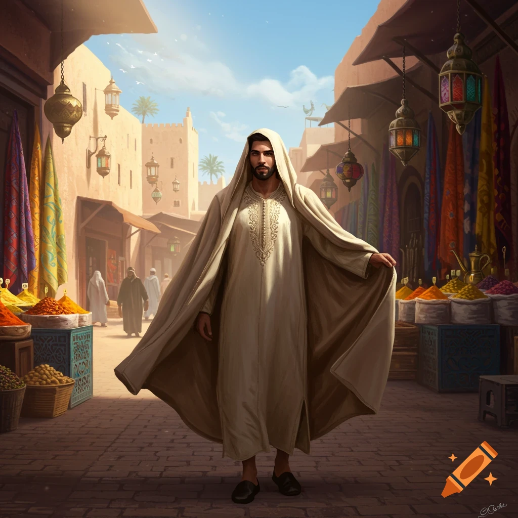 A man in a hooded djellaba stands in a vibrant Middle Eastern marketplace with spices and lanterns, digital art.