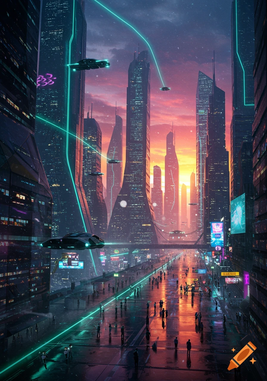 A vibrant, futuristic cityscape at sunset, with tall skyscrapers, flying vehicles, and crowds of people on a wet street reflecting the neon lights.