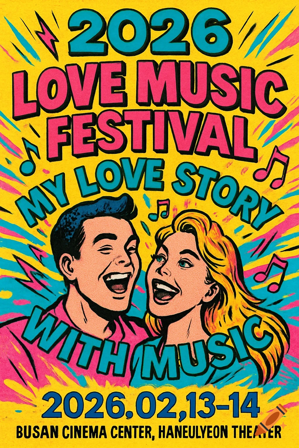 A vibrant pop art style poster for the 2026 Love Music Festival, featuring a happy couple, bold text, and musical notes.