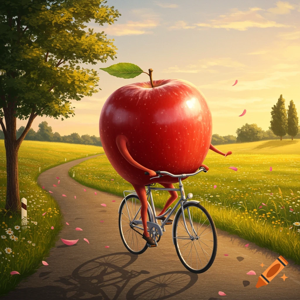 A whimsical red apple with arms and legs rides a bicycle on a winding path through a sunny, green field.