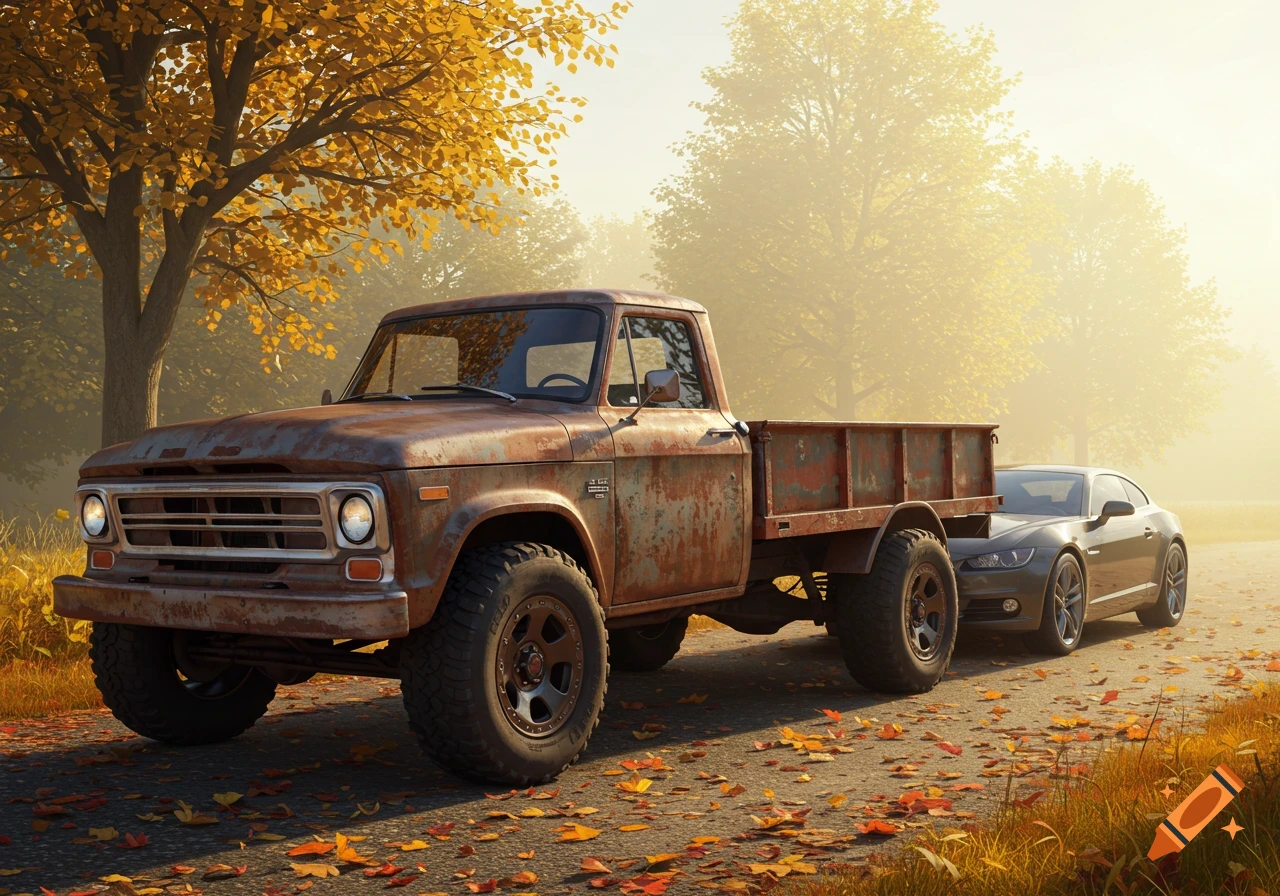 A photorealistic image of a rusty flatbed truck and a modern gray sports car on an autumn road with fallen leaves.