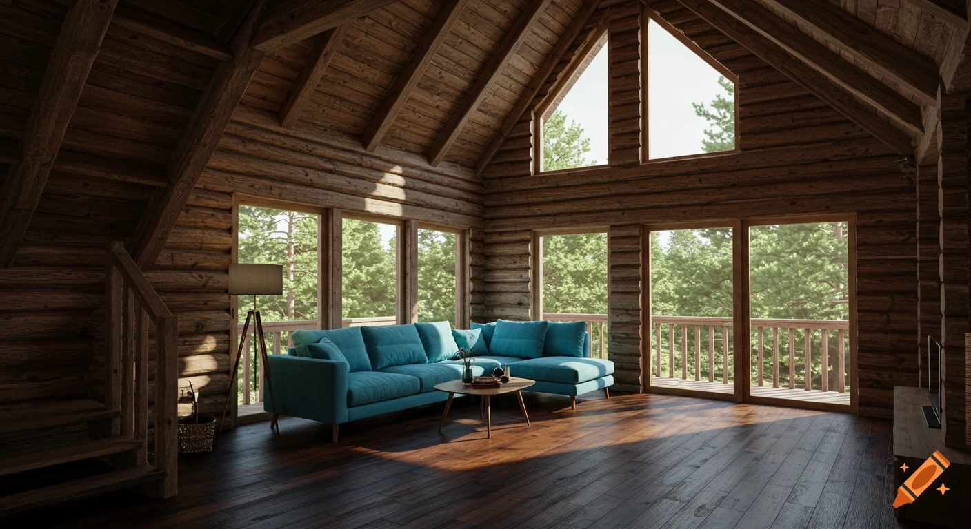 Photorealistic interior of a rustic log cabin living room with a vivid blue couch, dark wood floors, and large windows overlooking a green forest.