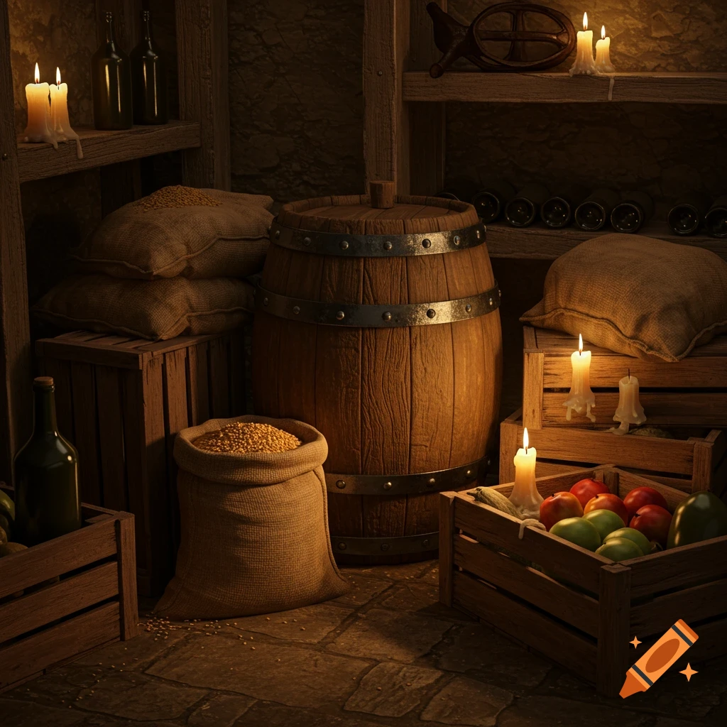 A rustic, dimly lit cellar with a large wooden barrel, burlap sacks of grain, and wooden crates filled with apples and pears, illuminated by several candles.