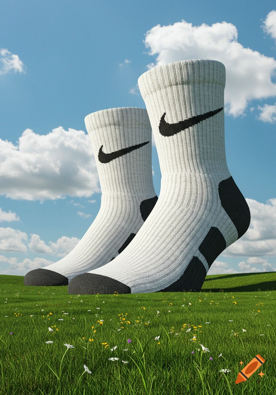 Two massive white Nike socks with black accents stand in a vibrant green field under a blue sky with fluffy clouds.