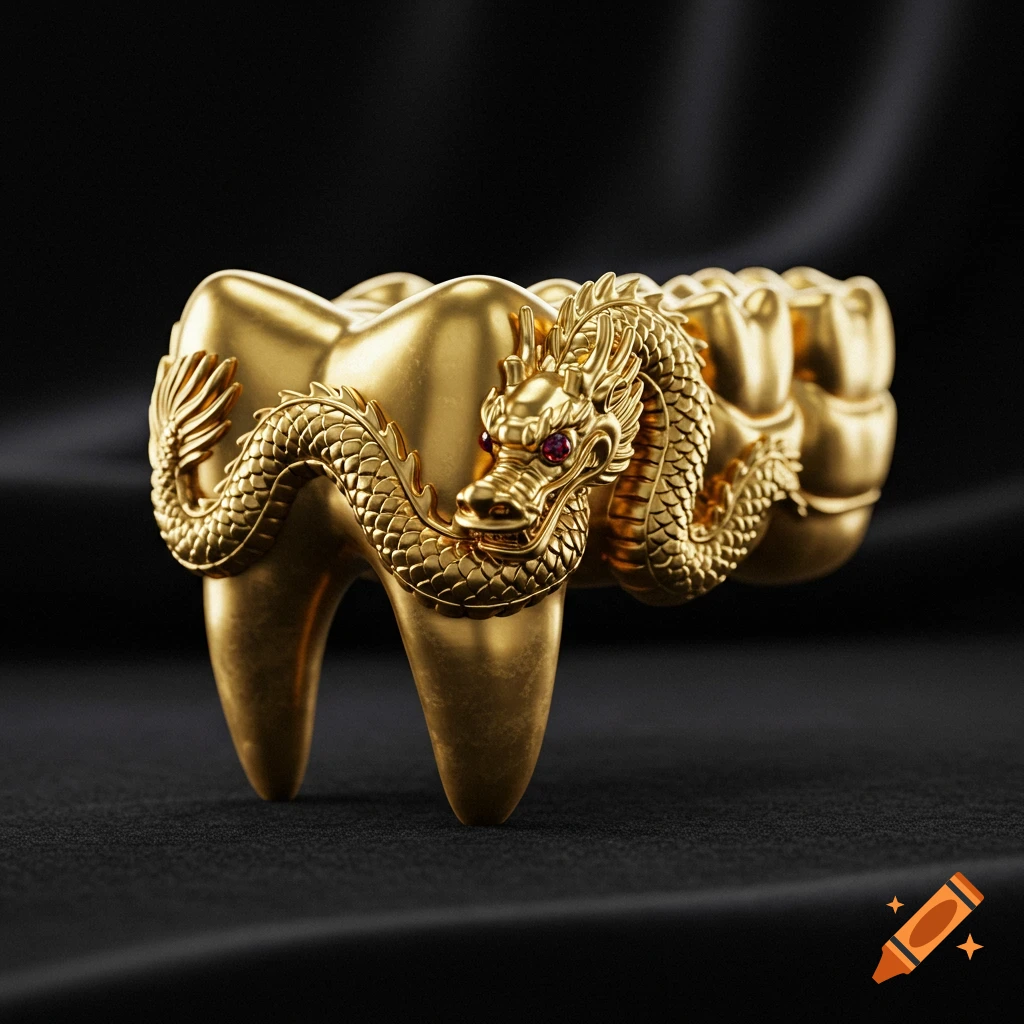 A highly detailed gold molar tooth wrapped by a gold dragon with ruby eyes, set against a dark background.