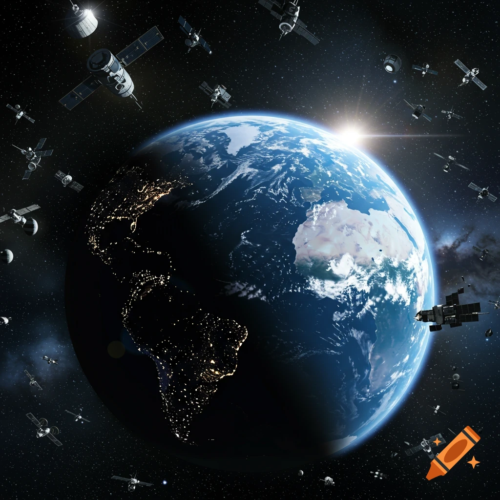 Photorealistic image of Earth seen from space, surrounded by numerous artificial satellites, with city lights visible on the night side.