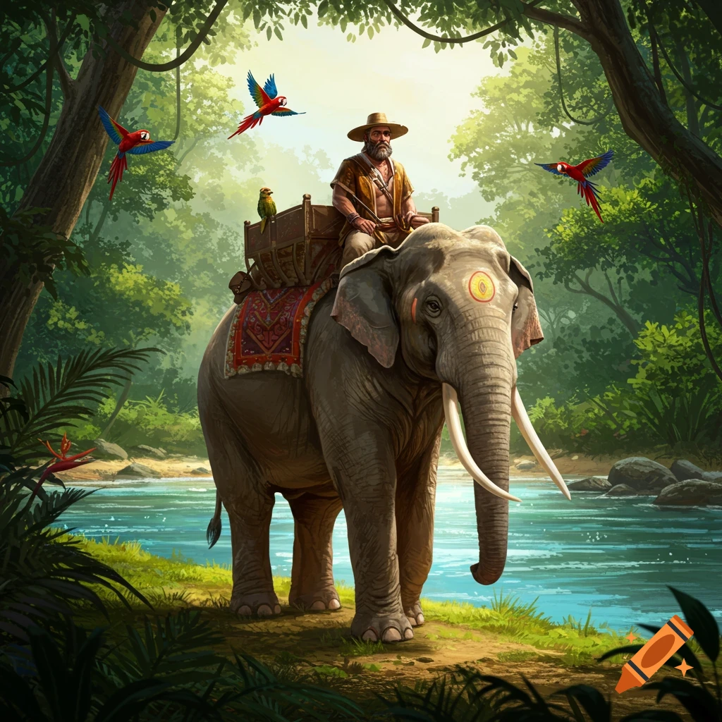 Bearded man riding an elephant next to a vibrant jungle river, with colorful parrots flying overhead, digital art.