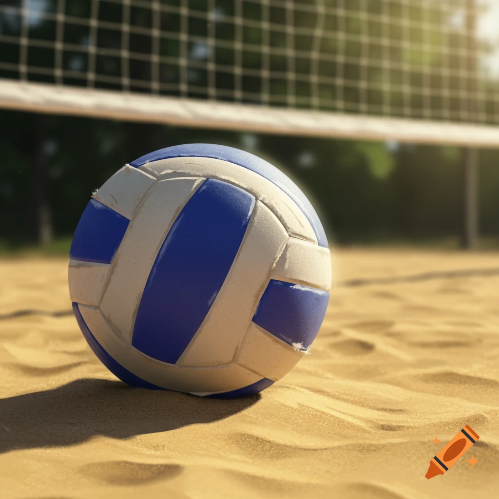 A blue and white volleyball rests on a sandy court with a blurred net in the background under bright sunlight.