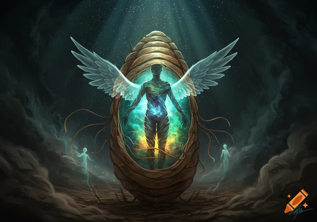 A winged, glowing figure emerges from a chrysalis with a galaxy inside, surrounded by ethereal beings in a cosmic landscape.
