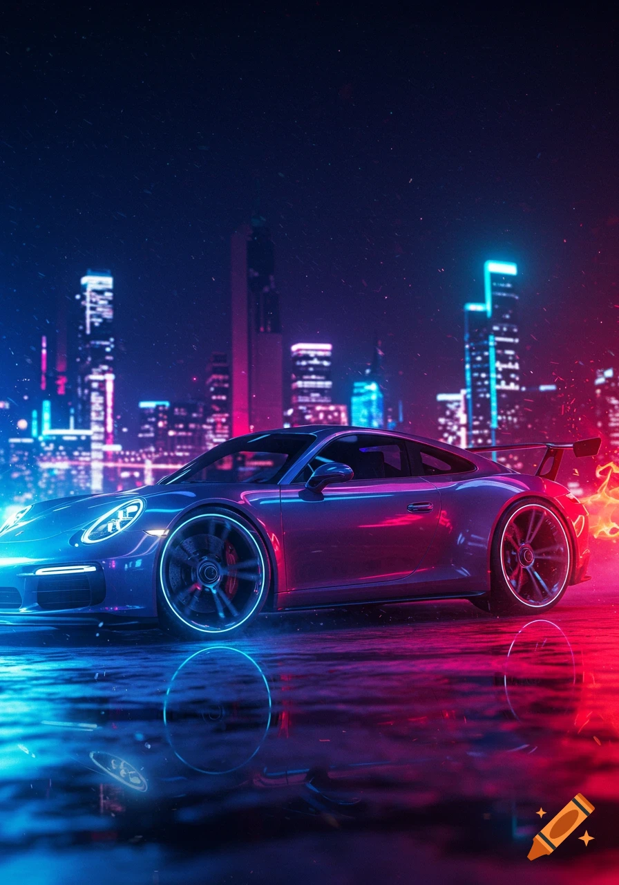 A sleek sports car on a wet city street at night, illuminated by blue and pink neon lights reflecting the urban skyline.