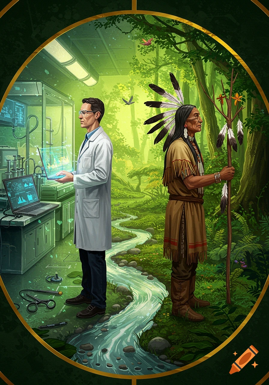 A scientist in a lab and an Indigenous person in a forest are split by a river, representing science and traditional ecological knowledge.