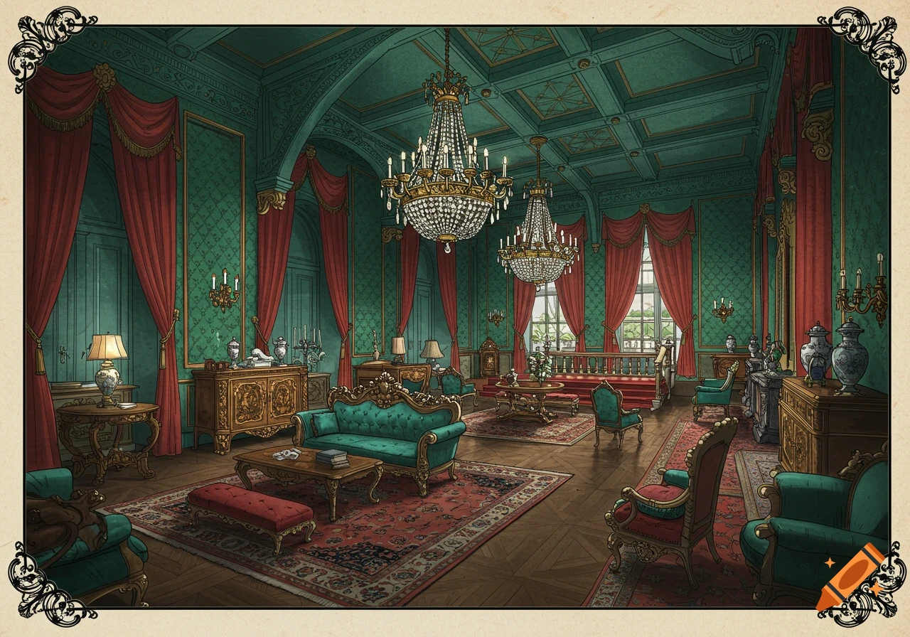 Opulent Victorian mansion interior with teal walls, red drapes, ornate gold furniture, crystal chandeliers, and patterned rugs.