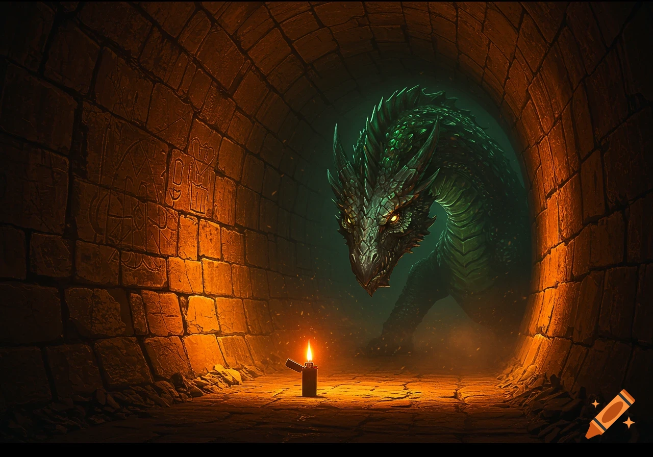 A menacing green dragon emerges from the dark depths of a stone tunnel, illuminated by a small lighter.