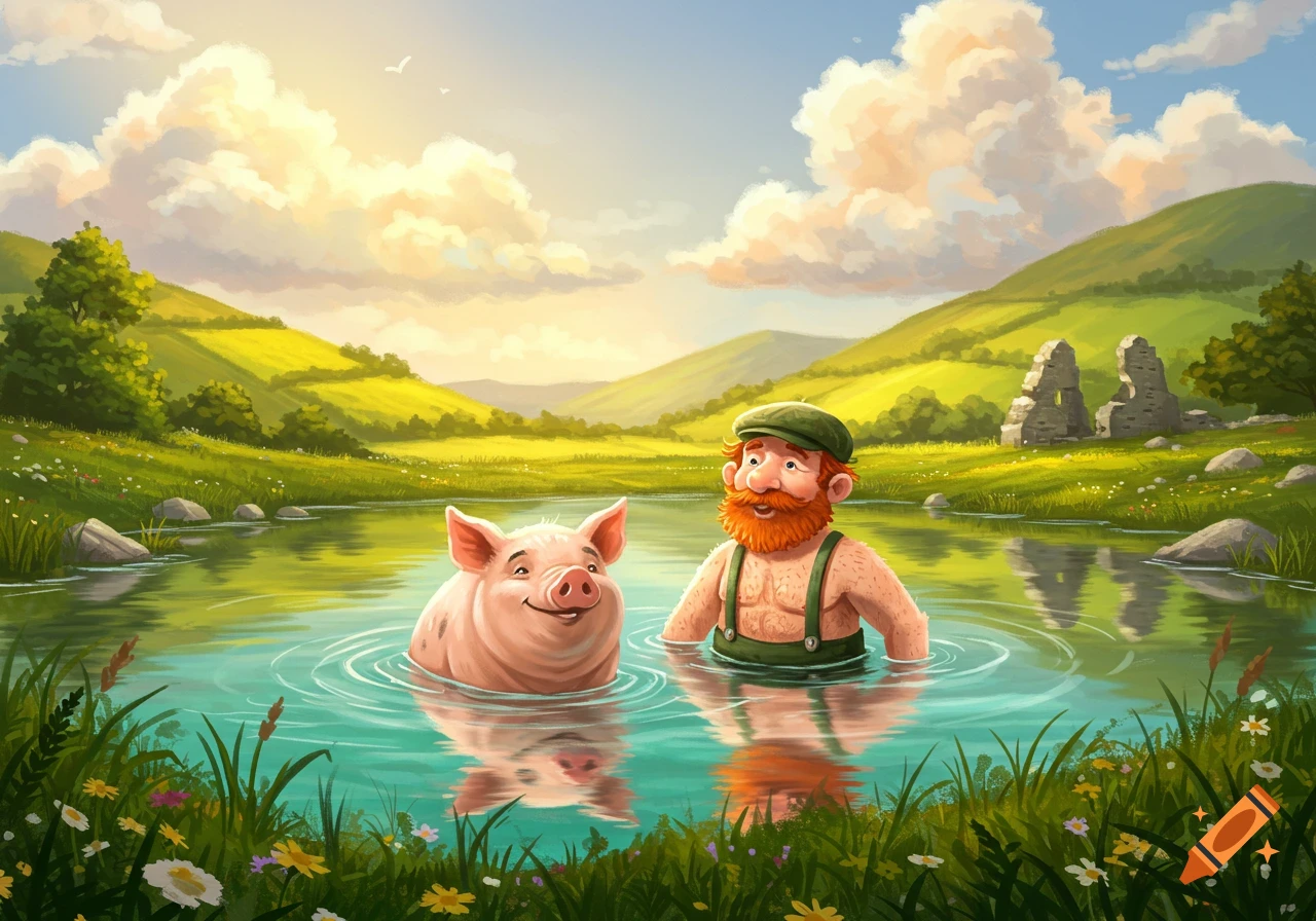 A happy cartoon man with a red beard and a pink pig swim in a pond surrounded by vibrant green hills, ruins, and a sunny sky.