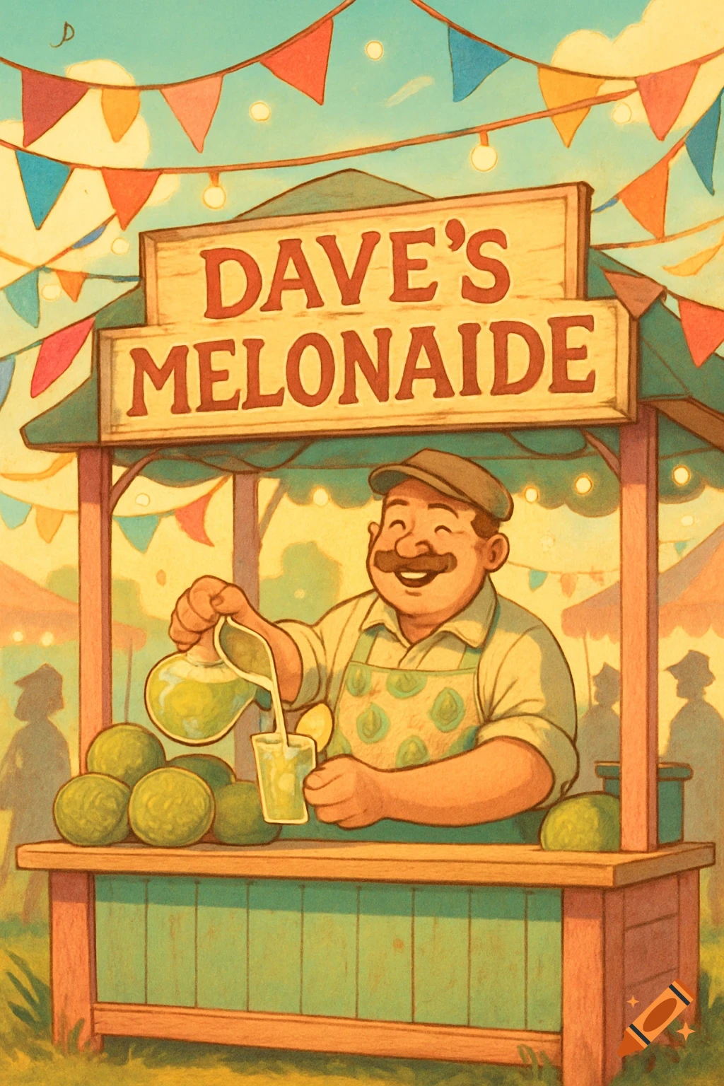 Stylized illustration of a smiling man named Dave pouring melonade at his fair stand, with bunting overhead.