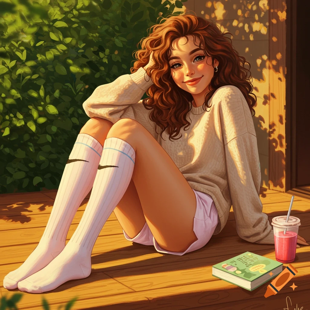 A smiling young woman with curly hair sits on a sunny wooden deck, wearing a beige sweater, pink shorts, and white Nike socks, in a stylized illustration.