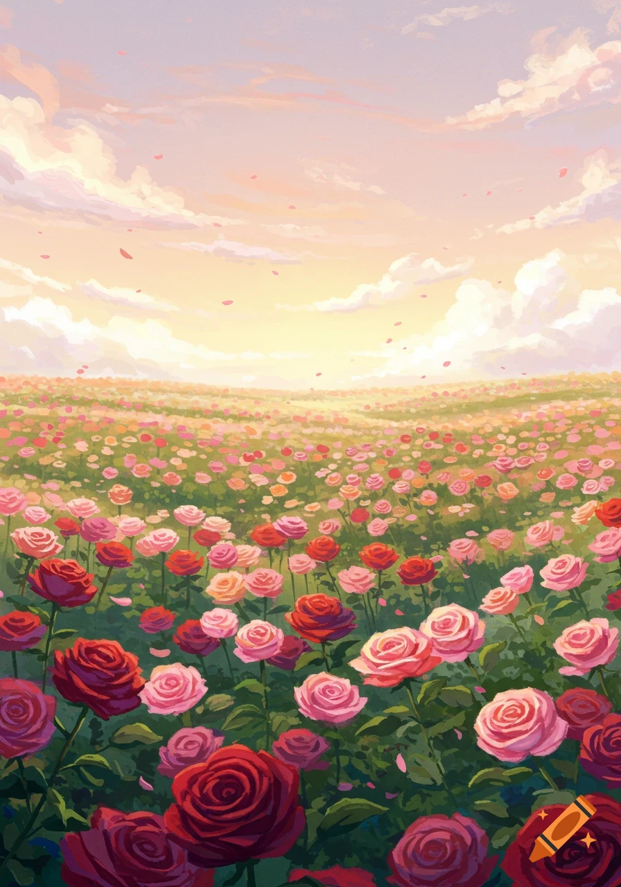 Watercolor painting of a vibrant field of red and pink roses under a soft, cloudy sunset sky with falling petals.
