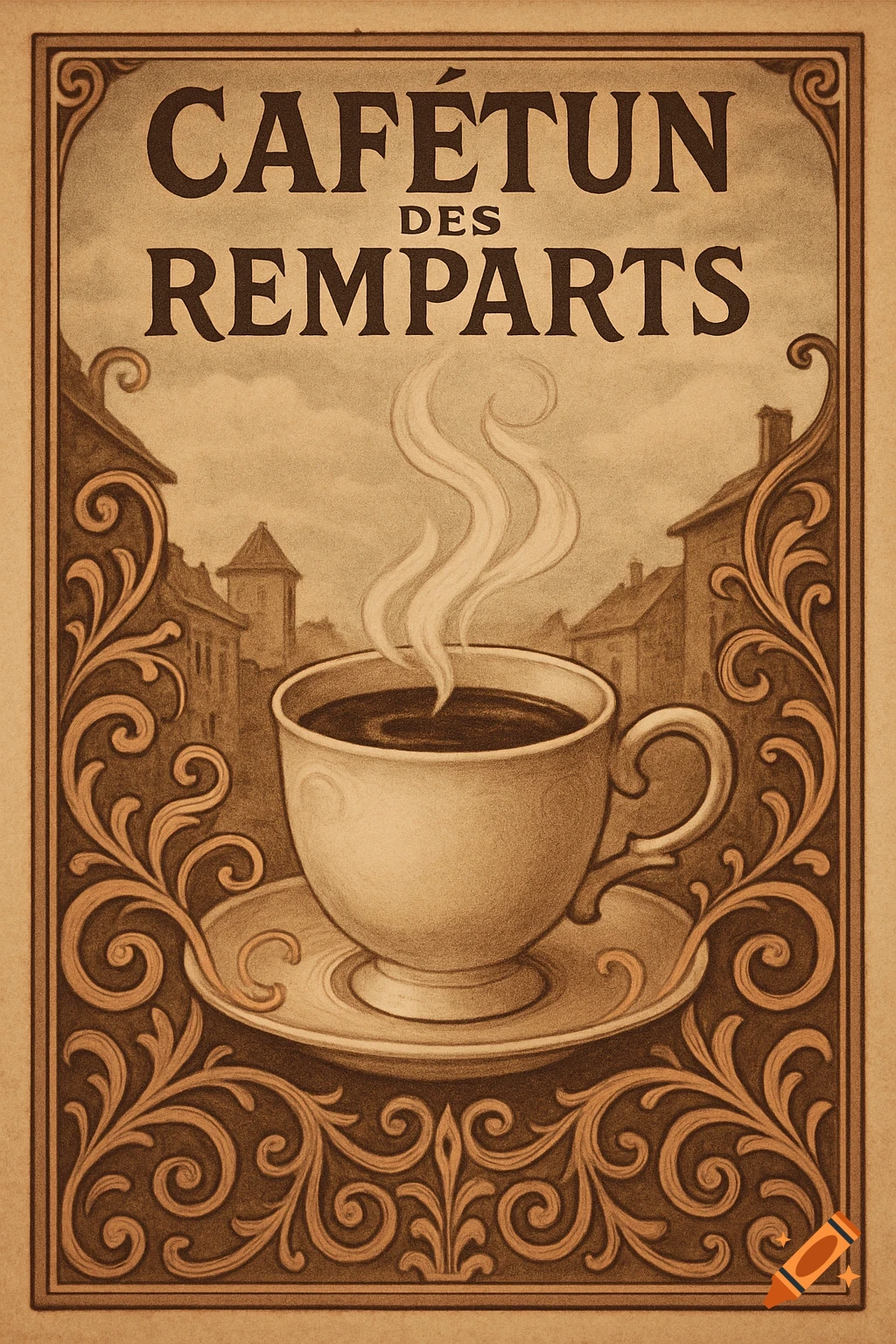 Vintage sepia-toned poster with ornate borders features a steaming coffee cup and 'CAFÉTUN DES REMPARTS' over an old town cityscape.