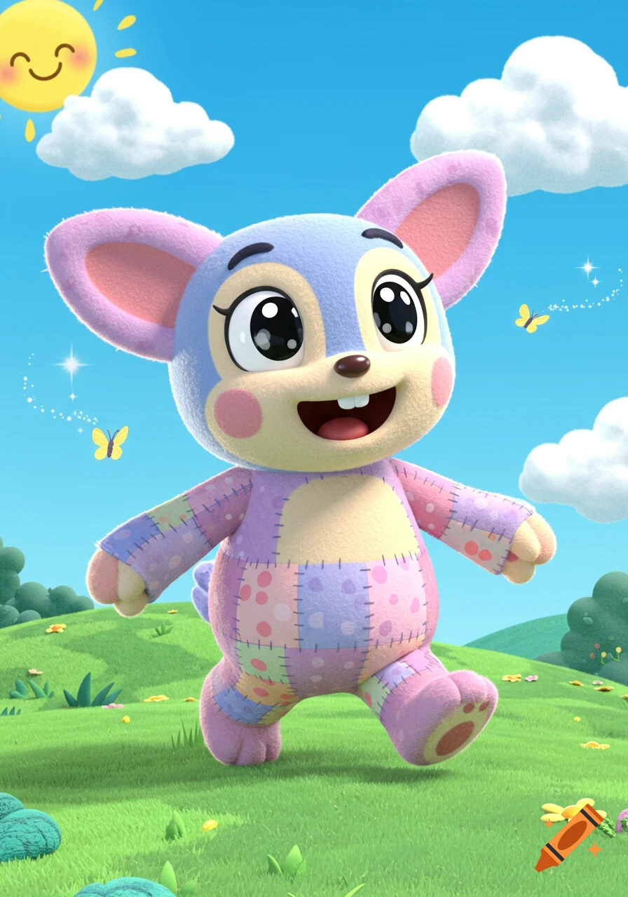 A cute, blue and pink patched anthropomorphic cartoon character walks in a sunny green field with a smiling sun and butterflies.
