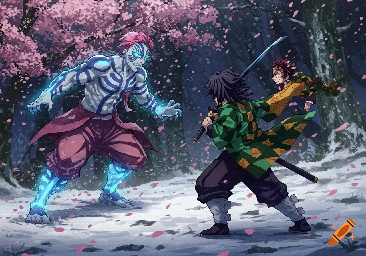 Akaza, Giyu, and Tanjiro from Demon Slayer fight in a snowy forest with falling pink cherry blossoms, anime style.