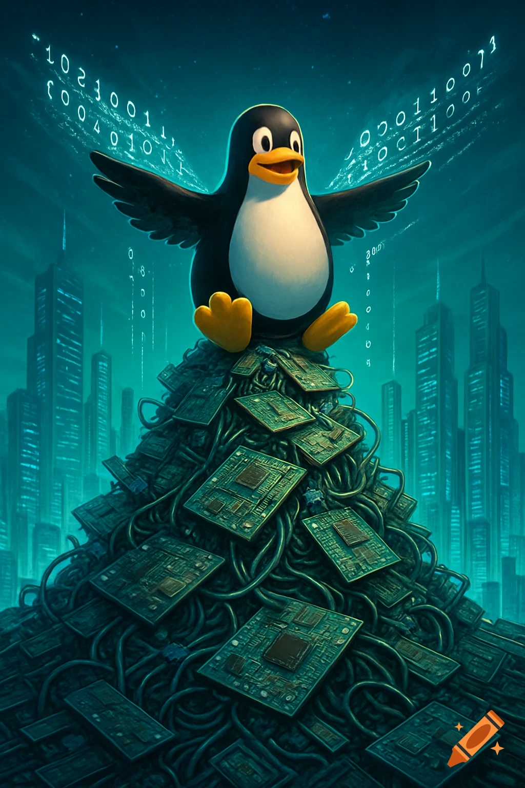A cartoon penguin, Tux, stands on a pile of circuit boards and wires. A futuristic cityscape glows in the background under a teal sky with binary code floating around.